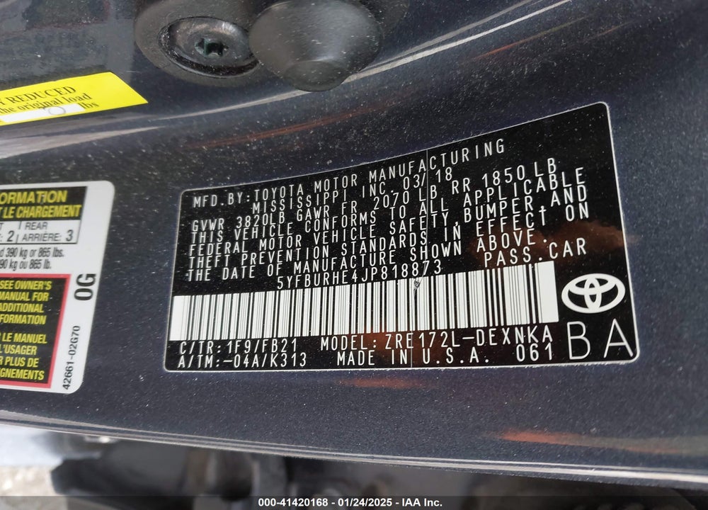 2018 TOYOTA COROLLA VIN: 5YFBURHE4JP818873