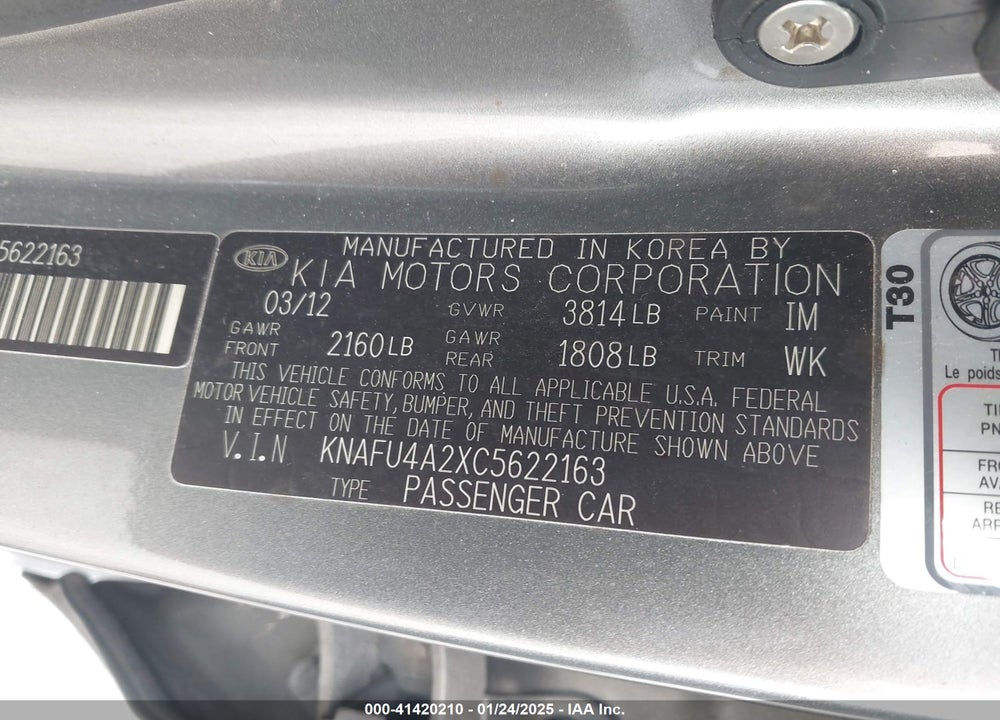 2012 KIA FORTE VIN: KNAFU4A2XC5622163