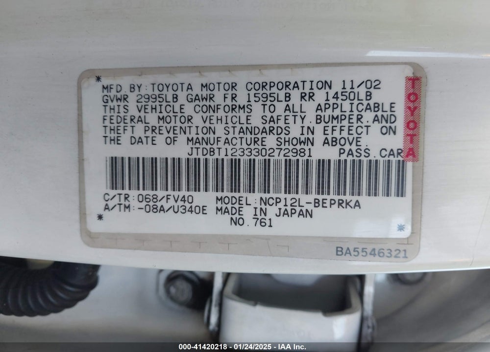 2003 TOYOTA ECHO VIN: JTDBT123330272981