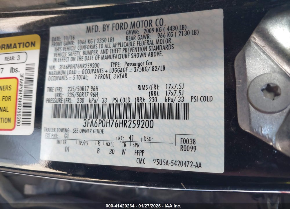 2017 FORD FUSION SE VIN: 3FA6P0H76HR259200