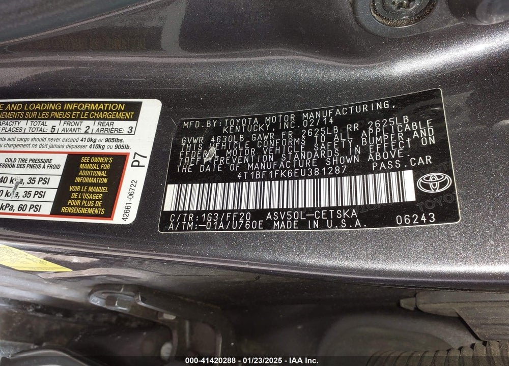 2014 TOYOTA CAMRY VIN: 4T1BF1FK6EU381287