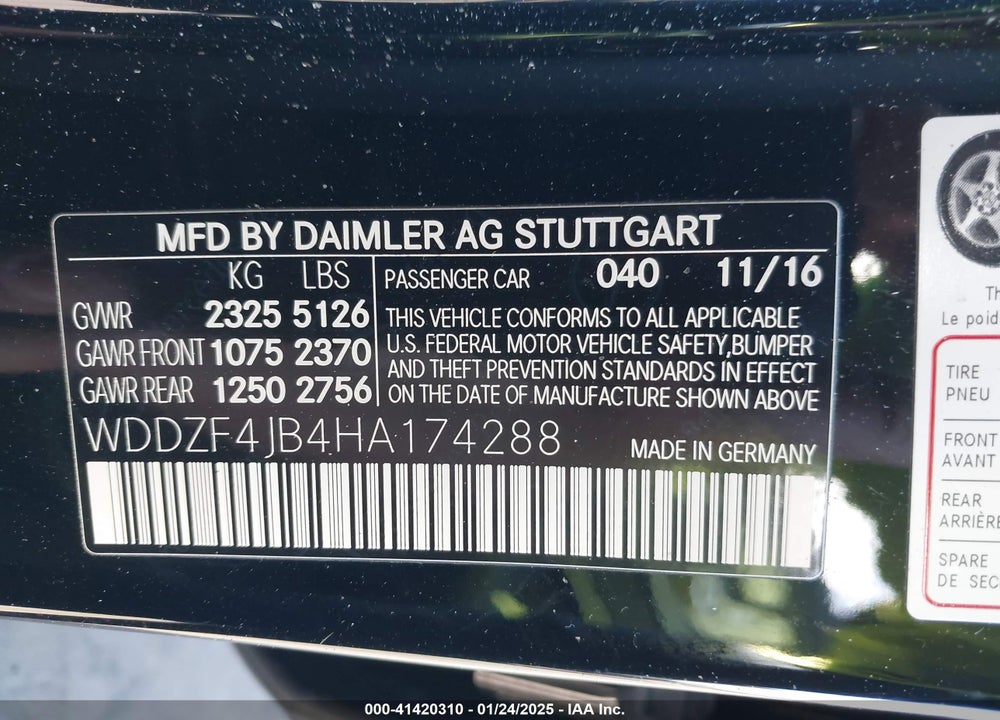 2017 MERCEDES-BENZ E 300 VIN: WDDZF4JB4HA174288