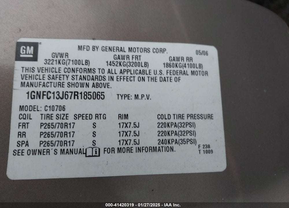 2007 CHEVROLET TAHOE LT VIN: 1GNFC13J67R185065