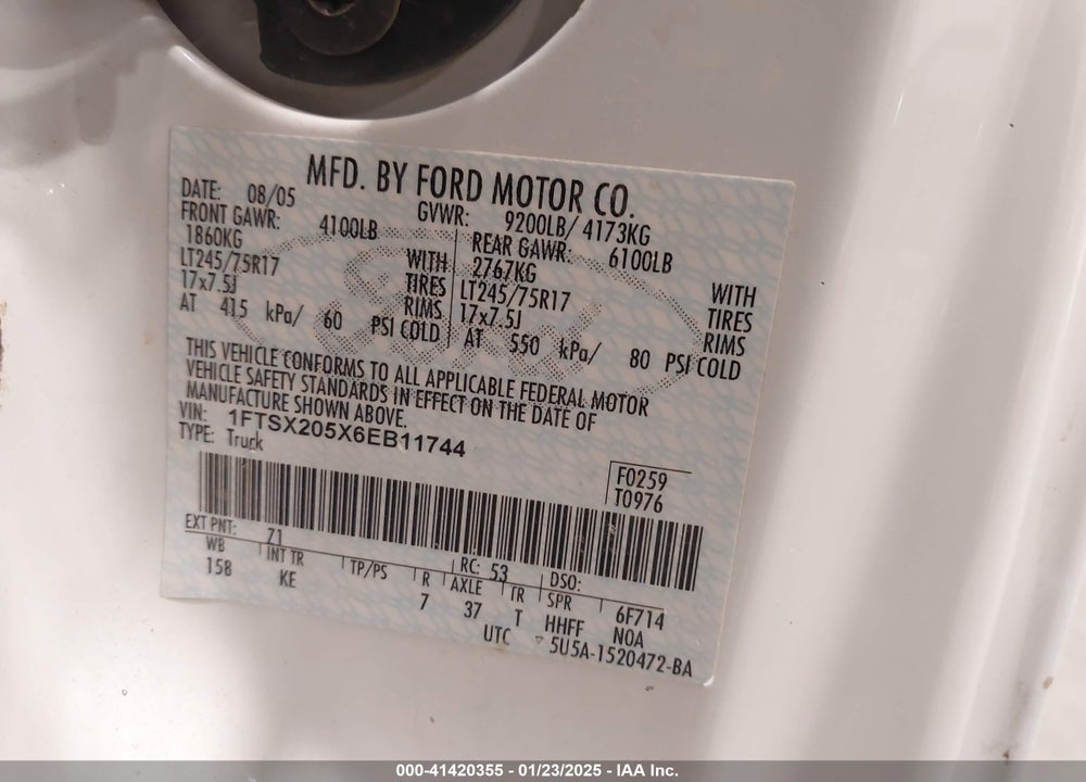 2006 FORD F-250 VIN: 1FTSX205X6EB11744