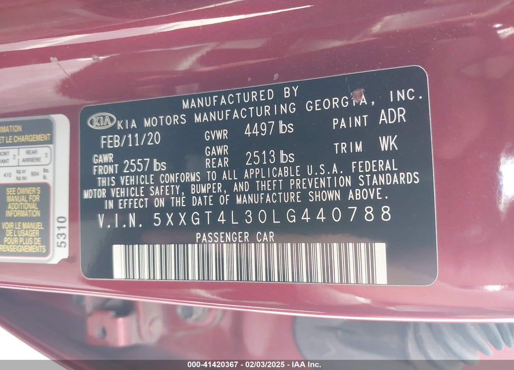 2020 KIA OPTIMA SE VIN: 5XXGT4L30LG440788