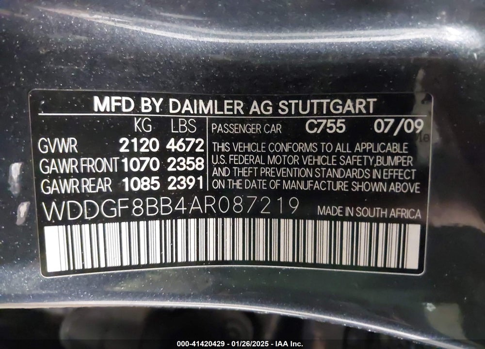 2010 MERCEDES-BENZ C 300 VIN: WDDGF8BB4AR087219
