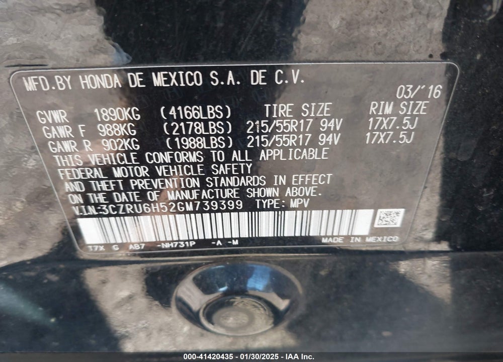 2016 HONDA HR-V EX VIN: 3CZRU6H52GM739399