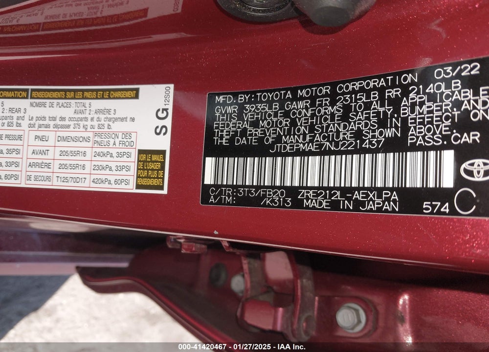2022 TOYOTA COROLLA VIN: JTDEPMAE7NJ221437