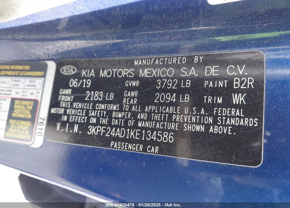2019 KIA FORTE LXS VIN: 3KPF24AD1KE134586
