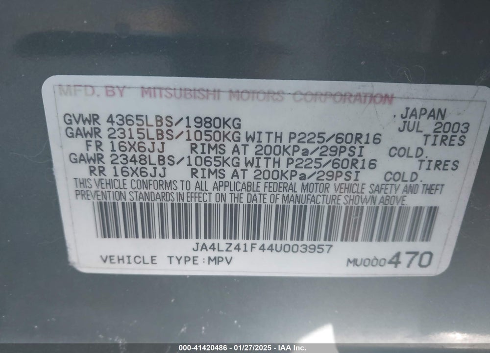 2004 MITSUBISHI OUTLANDER XLS VIN: JA4LZ41F44U003957