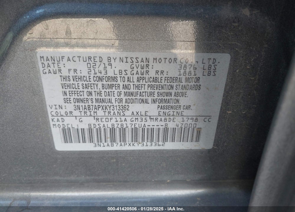 2019 NISSAN SENTRA VIN: 3N1AB7APXKY313362