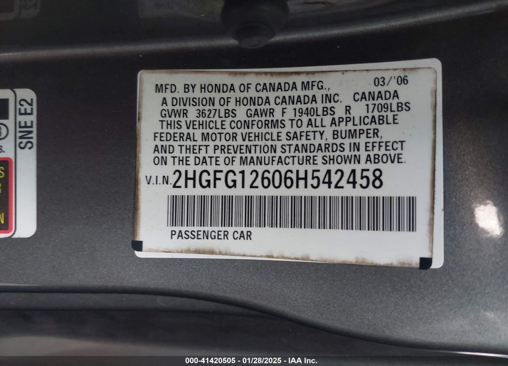 2006 HONDA CIVIC LX VIN: 2HGFG12606H542458