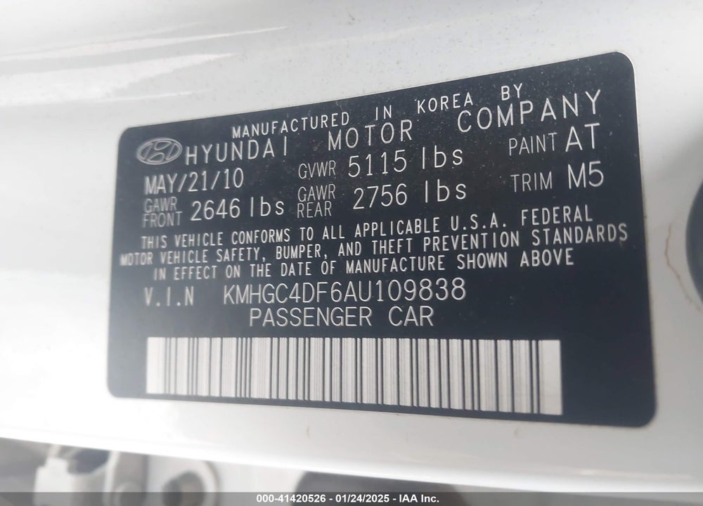 2010 HYUNDAI GENESIS 4.6 VIN: KMHGC4DF6AU109838