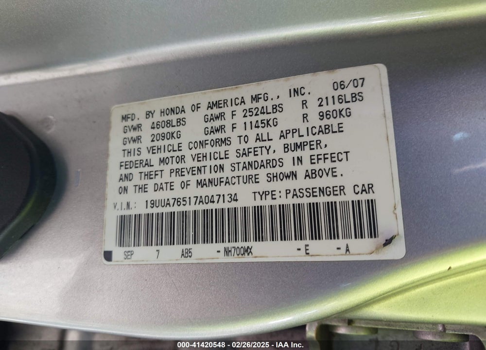 2007 ACURA TL VIN: 19UUA76517A047134
