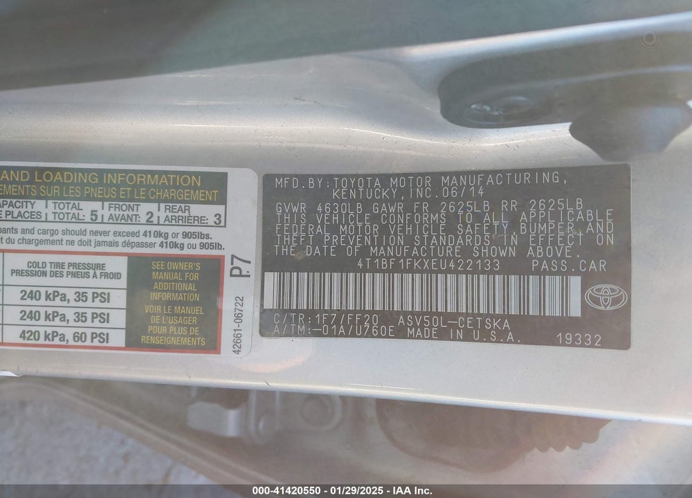 2014 TOYOTA CAMRY VIN: 4T1BF1FKXEU422133