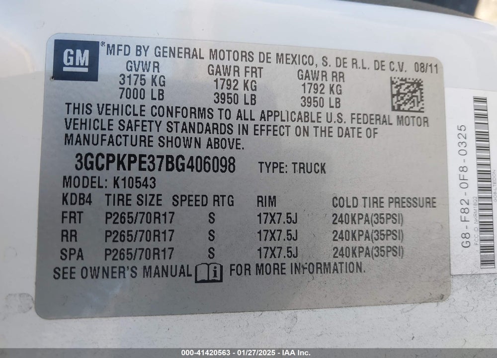 2011 CHEVROLET SILVERADO 1500 VIN: 3GCPKPE37BG406098
