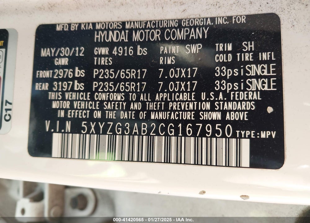 2012 HYUNDAI SANTA FE GLS VIN: 5XYZG3AB2CG167950