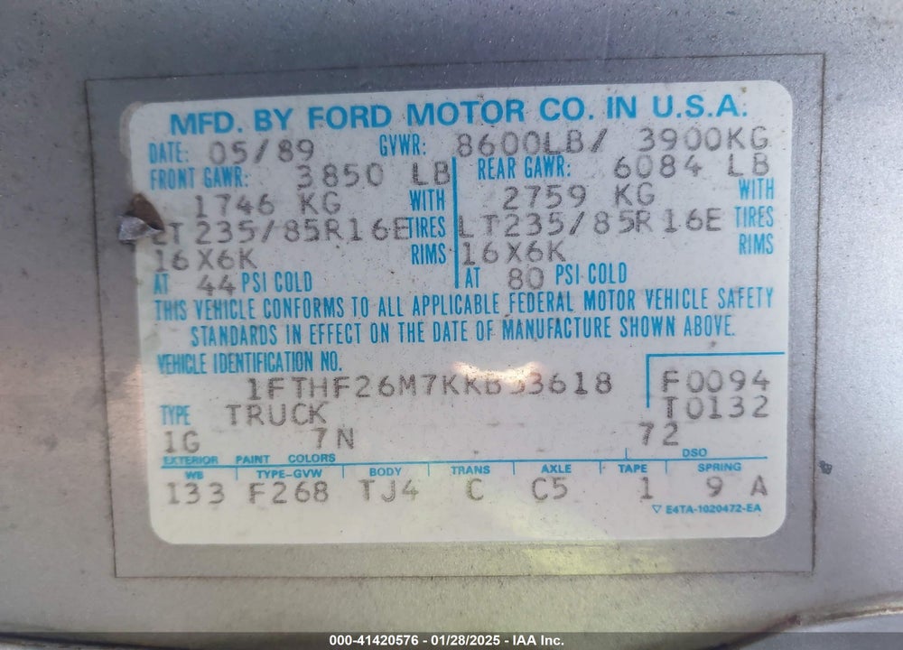 1989 FORD F250 VIN: 1FTHF26M7KKB53618