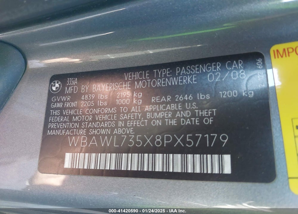 2008 BMW 335I VIN: WBAWL735X8PX57179
