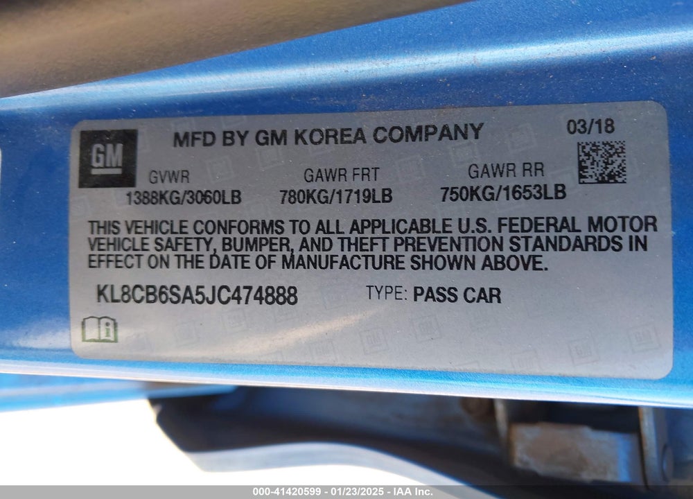 2018 CHEVROLET SPARK VIN: KL8CB6SA5JC474888