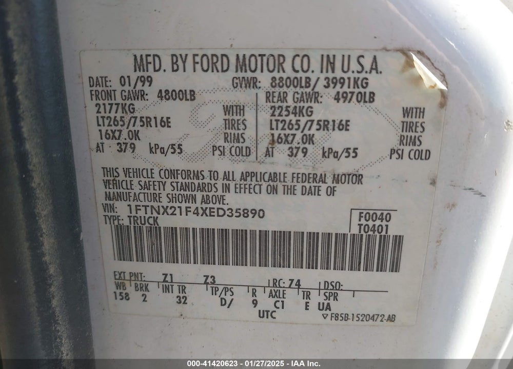 1999 FORD F-250 LARIAT/XL/XLT VIN: 1FTNX21F4XED35890