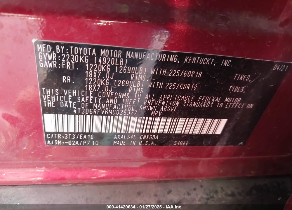 2021 TOYOTA RAV4 HYBRID LIMITED VIN: 4T3D6RFV6MU036977