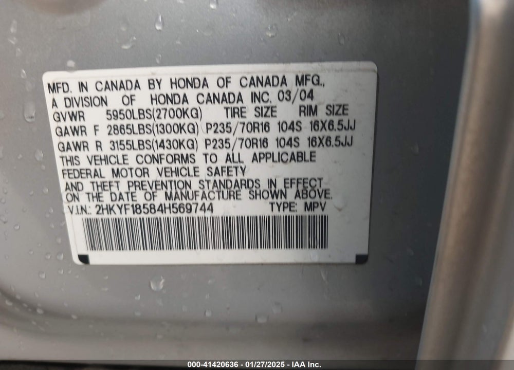2004 HONDA PILOT VIN: 2HKYF18584H569744
