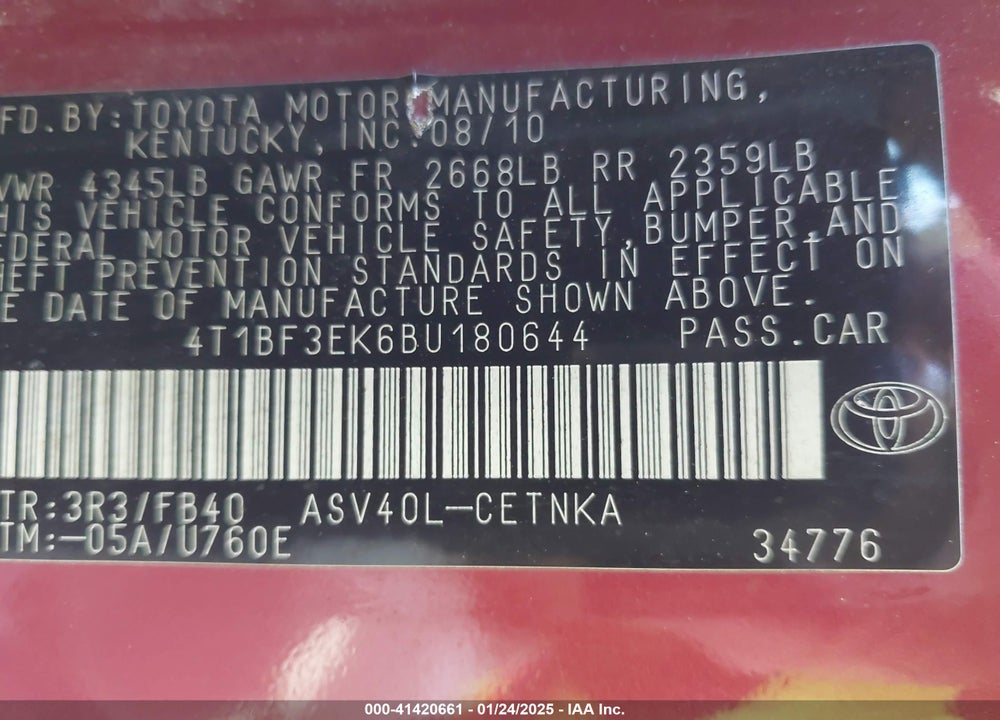 2011 TOYOTA CAMRY VIN: 4T1BF3EK6BU180644