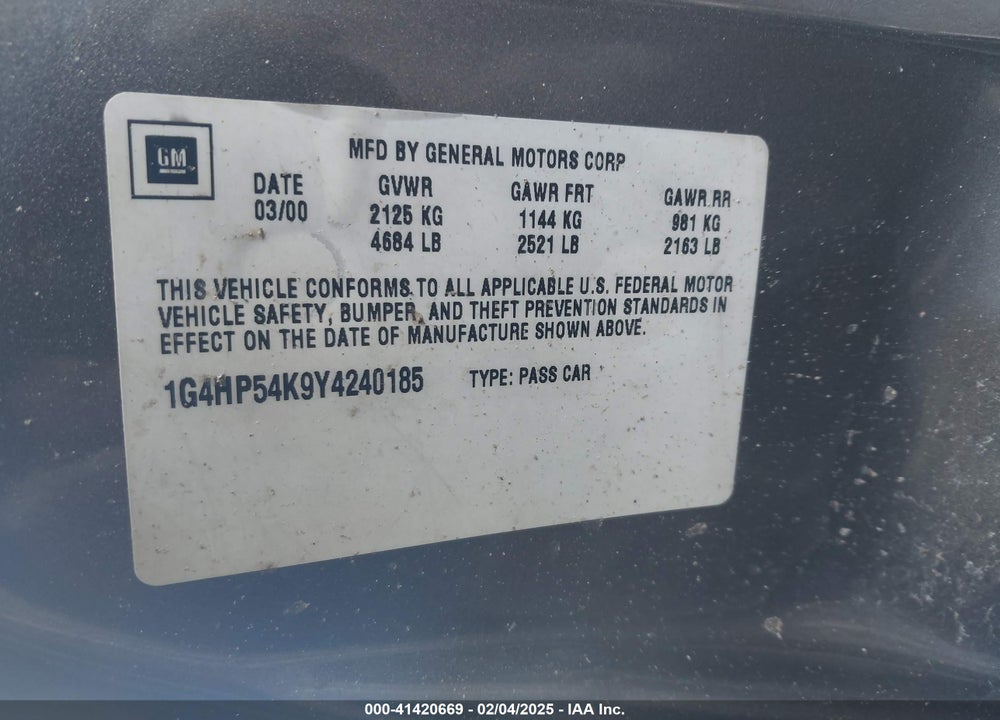 2000 BUICK LESABRE CUSTOM VIN: 1G4HP54K9Y4240185