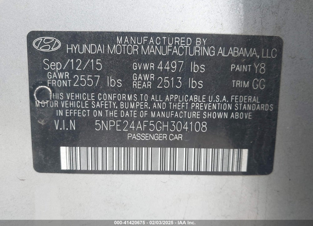 2016 HYUNDAI SONATA VIN: 5NPE24AF5GH304108