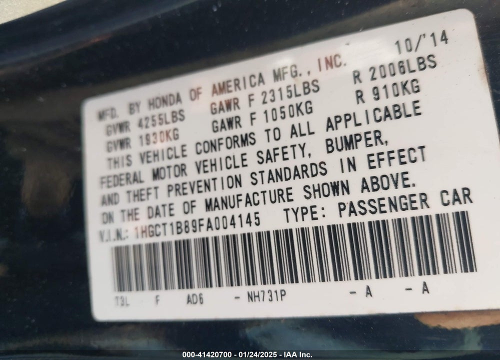 2015 HONDA ACCORD VIN: 1HGCT1B89FA004145