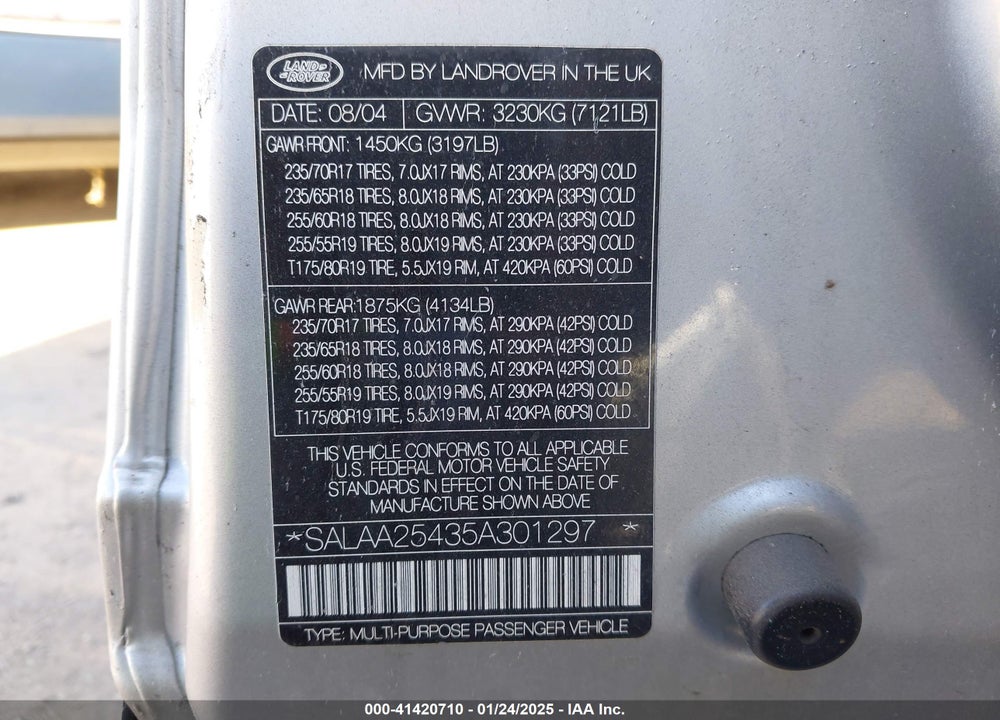 2005 LAND ROVER LR3 SE VIN: SALAA25435A301297