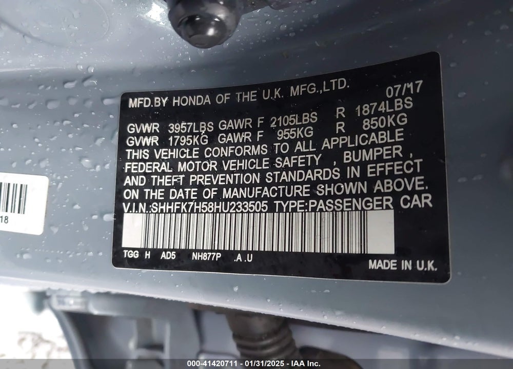 2017 HONDA CIVIC VIN: SHHFK7H58HU233505