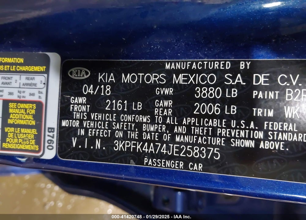2018 KIA FORTE LX VIN: 3KPFK4A74JE258375
