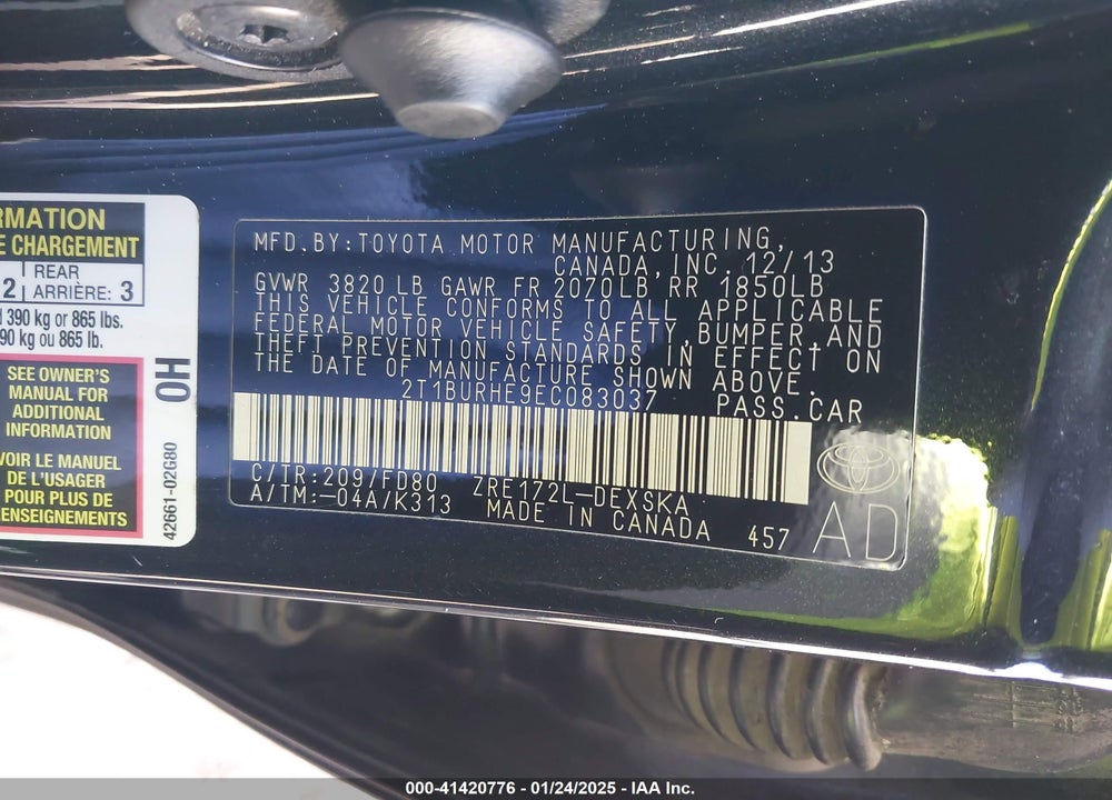 2014 TOYOTA COROLLA VIN: 2T1BURHE9EC083037