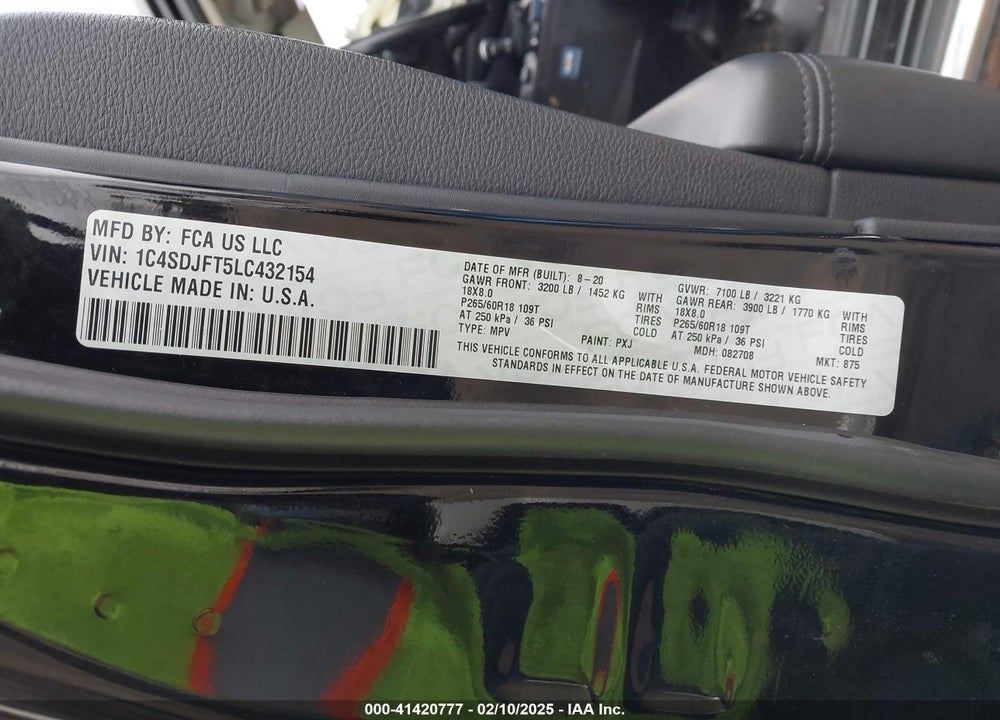 2020 DODGE DURANGO PURSUIT AWD VIN: 1C4SDJFT5LC432154
