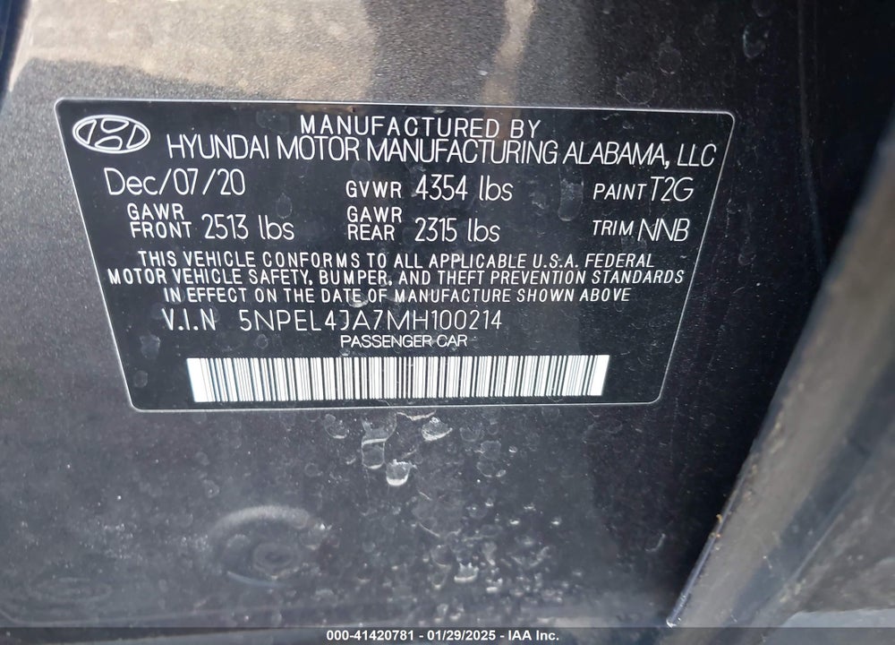 2021 HYUNDAI SONATA VIN: 5NPEL4JA7MH100214
