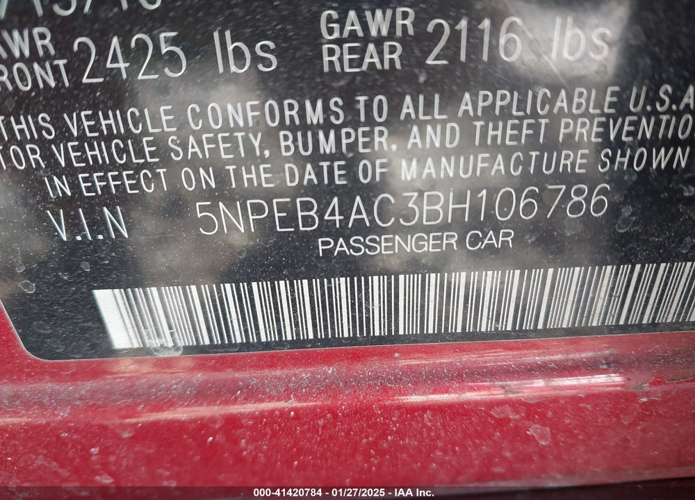 2011 HYUNDAI SONATA GLS VIN: 5NPEB4AC3BH106786
