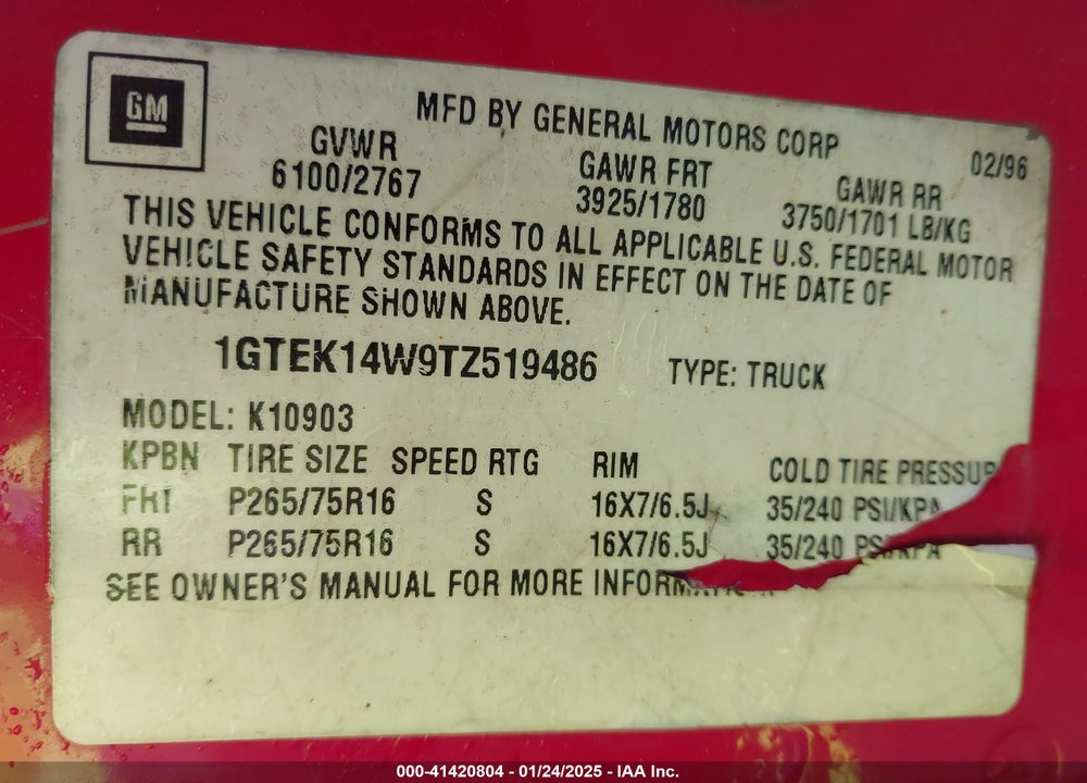 1996 GMC SIERRA K1500 VIN: 1GTEK14W9TZ519486
