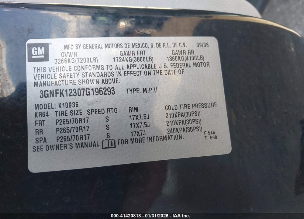 2007 CHEVROLET AVALANCHE 1500 LT VIN: 3GNFK12307G196293