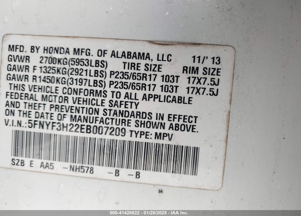 2014 HONDA PILOT LX VIN: 5FNYF3H22EB007209