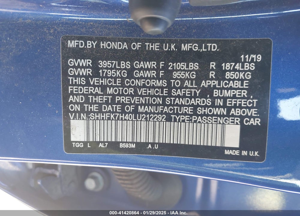 2020 HONDA CIVIC VIN: SHHFK7H40LU212292