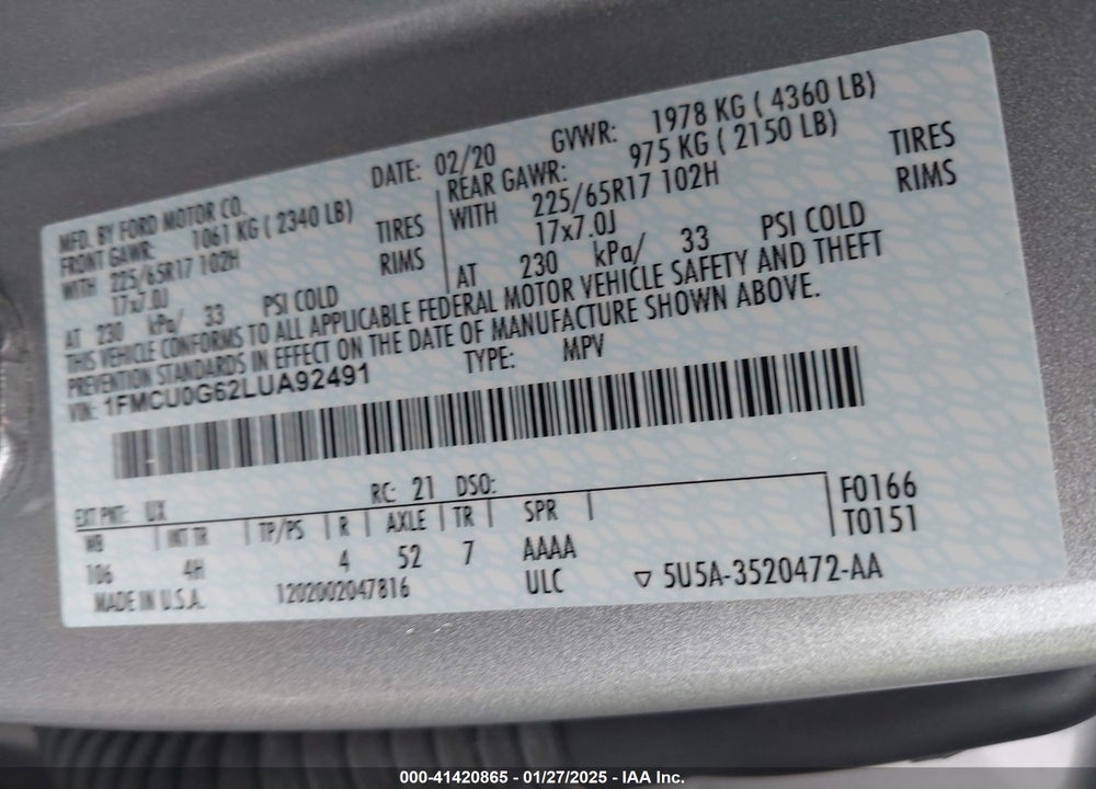 2020 FORD ESCAPE VIN: 1FMCU0G62LUA92491