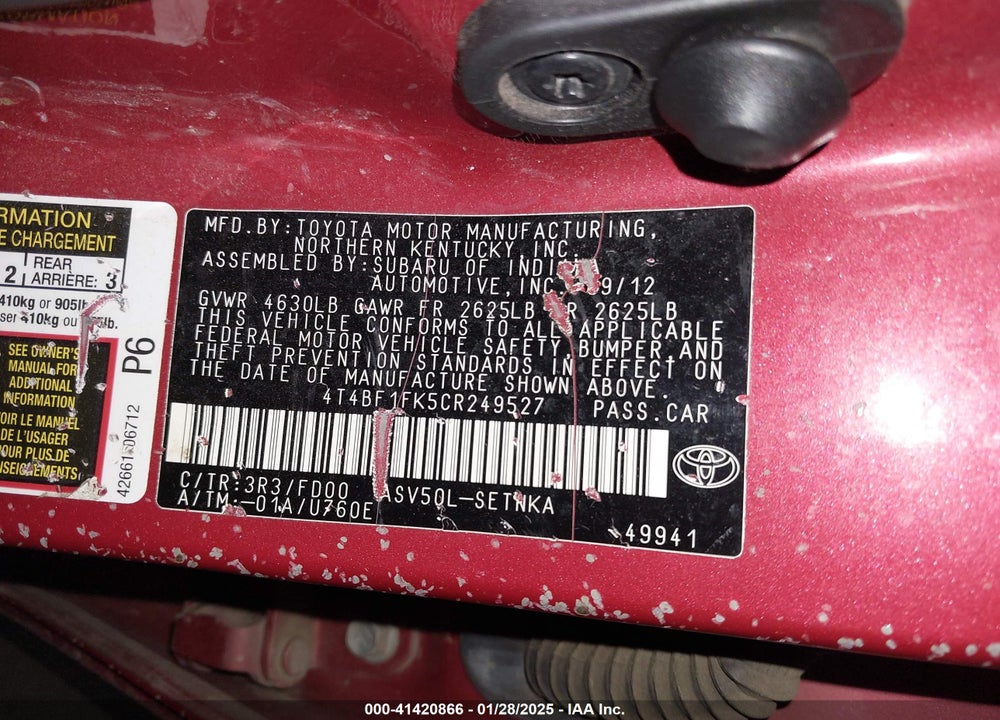 2012 TOYOTA CAMRY VIN: 4T4BF1FK5CR249527