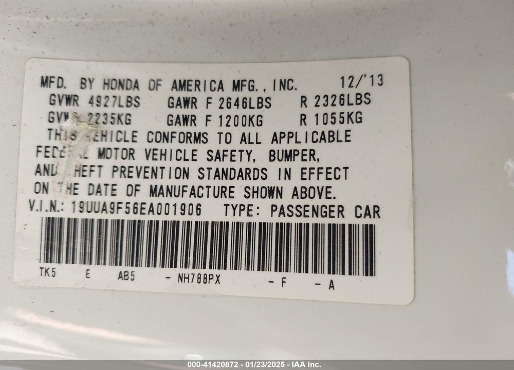 2014 ACURA TL VIN: 19UUA9F56EA001906