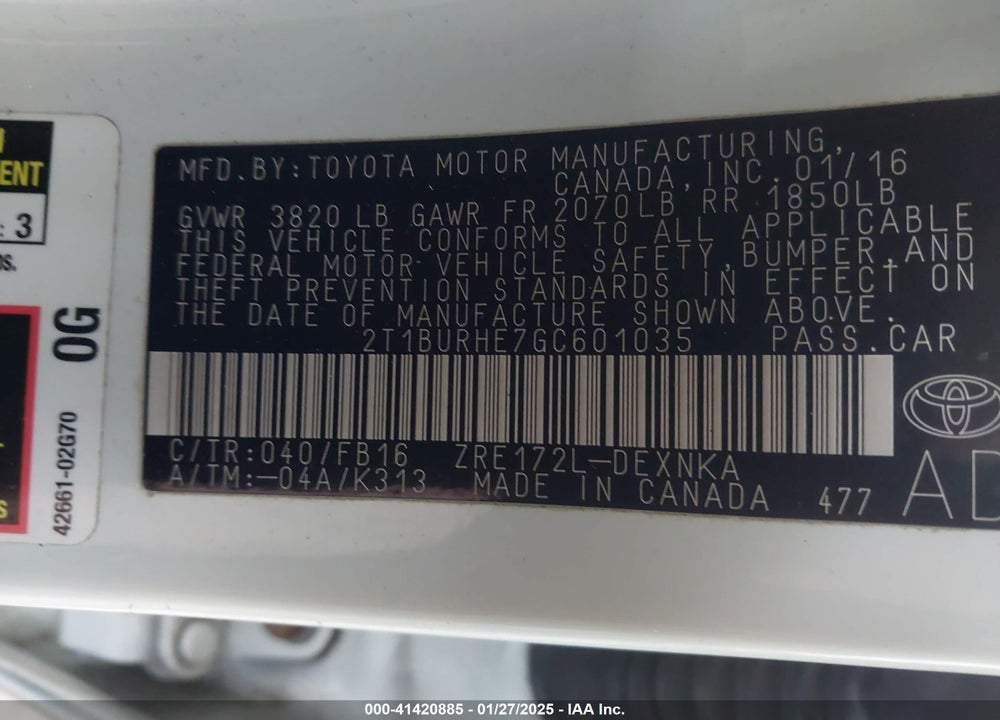 2016 TOYOTA COROLLA VIN: 2T1BURHE7GC601035