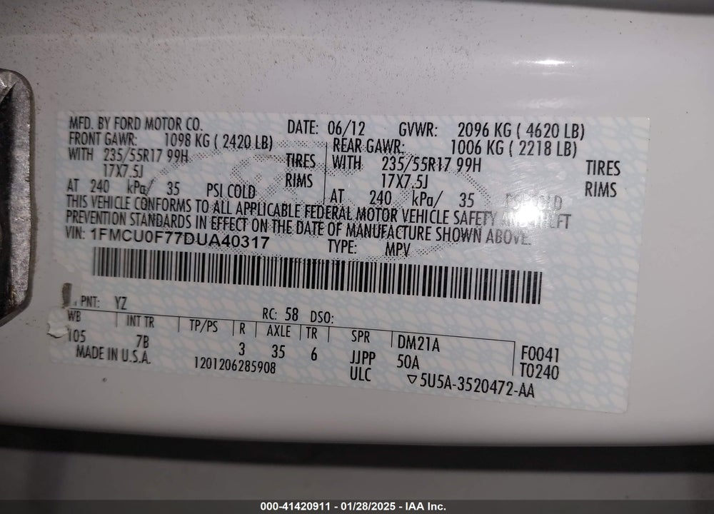 2013 FORD ESCAPE VIN: 1FMCU0F77DUA40317