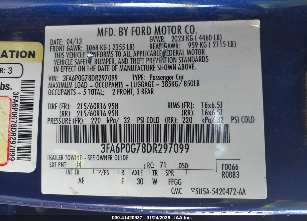 2013 FORD FUSION S VIN: 3FA6P0G78DR297099