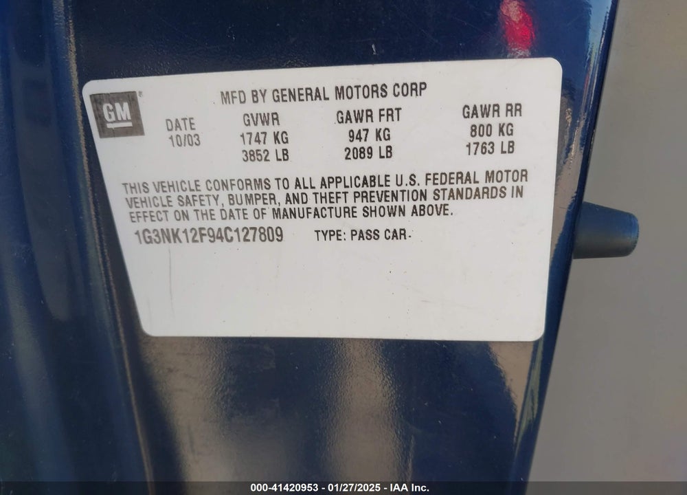 2004 OLDSMOBILE ALERO GX VIN: 1G3NK12F94C127809
