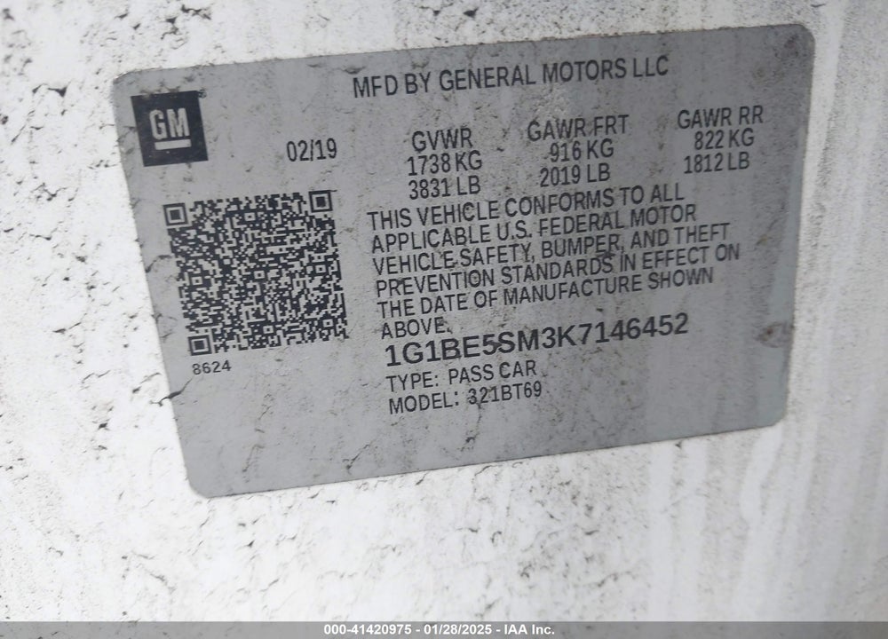 2019 CHEVROLET CRUZE VIN: 1G1BE5SM3K7146452
